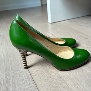 Kate Spade Kelly Green Patent Leather Pumps with Black and White Striped Heels